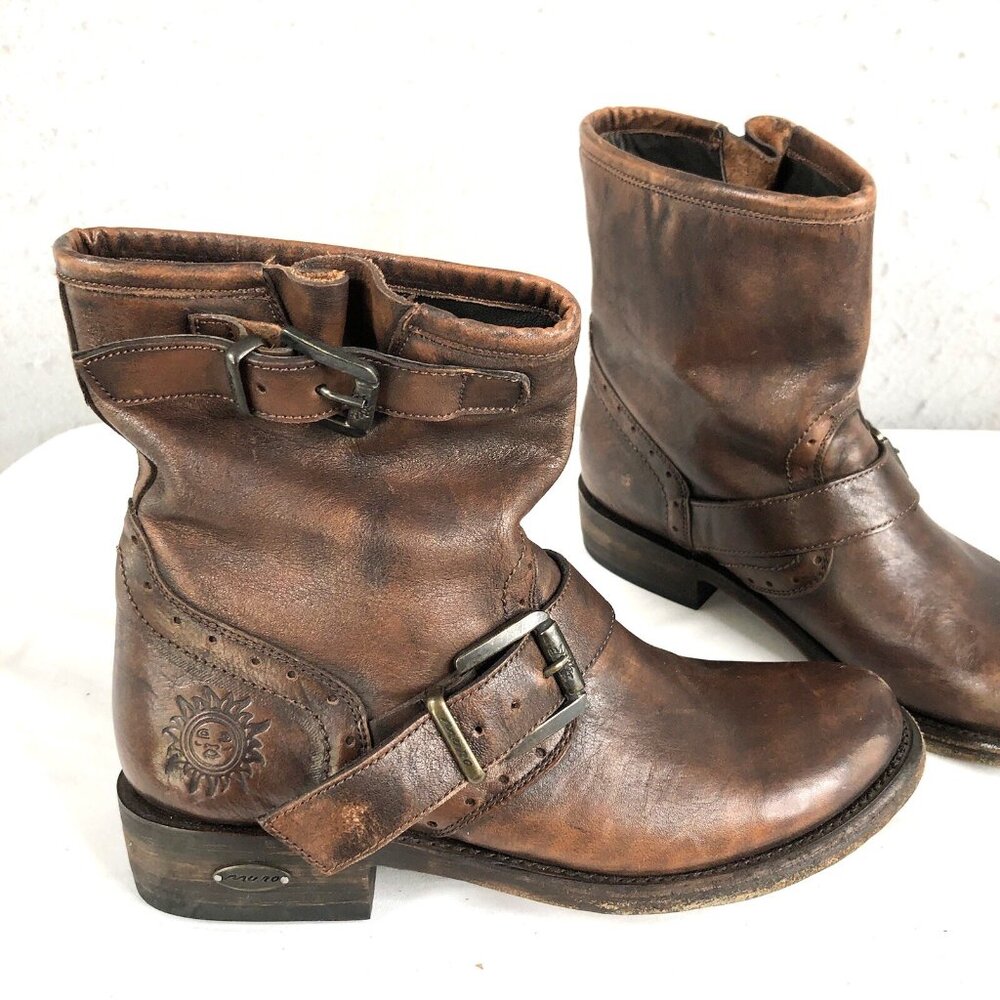 Brown Leather Moto Ankle Boots with Buckle